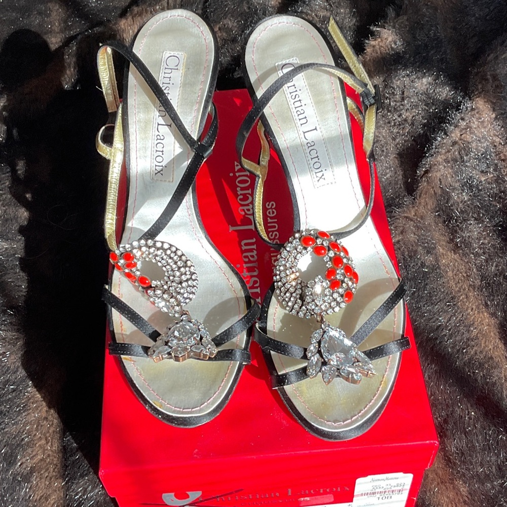 JEWELED CHRISTIAN LACROIX heels shoes eu 40 9.5 10 black satin straps